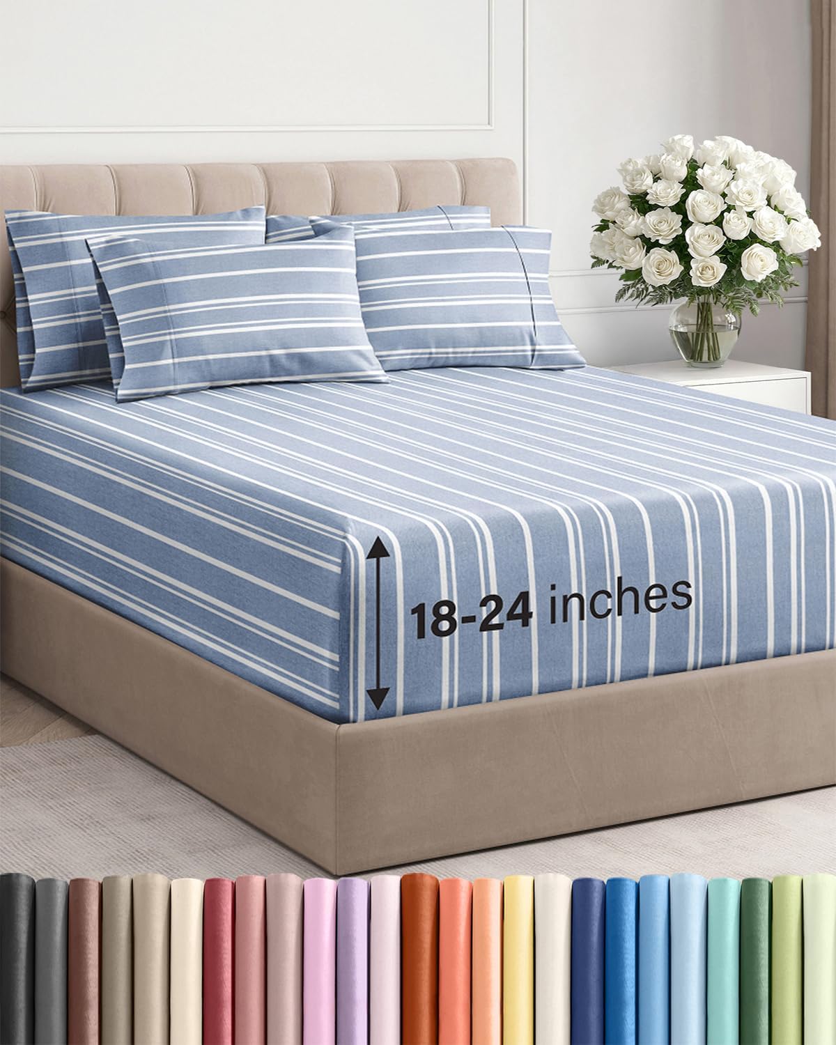 Skiennix Extra Deep King Sheet Set - 6 Piece Cooling Bedding - Soft, Wrinkle-Free Blue Stripes