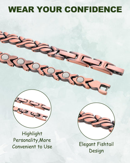MagEnergy Copper Bracelet for Women, 99.99% Pure Solid Copper Bracelet with 3500 Gauss Magnetic, Adjustable, Jewelry Gift (Copper-Fishtail+Ring)