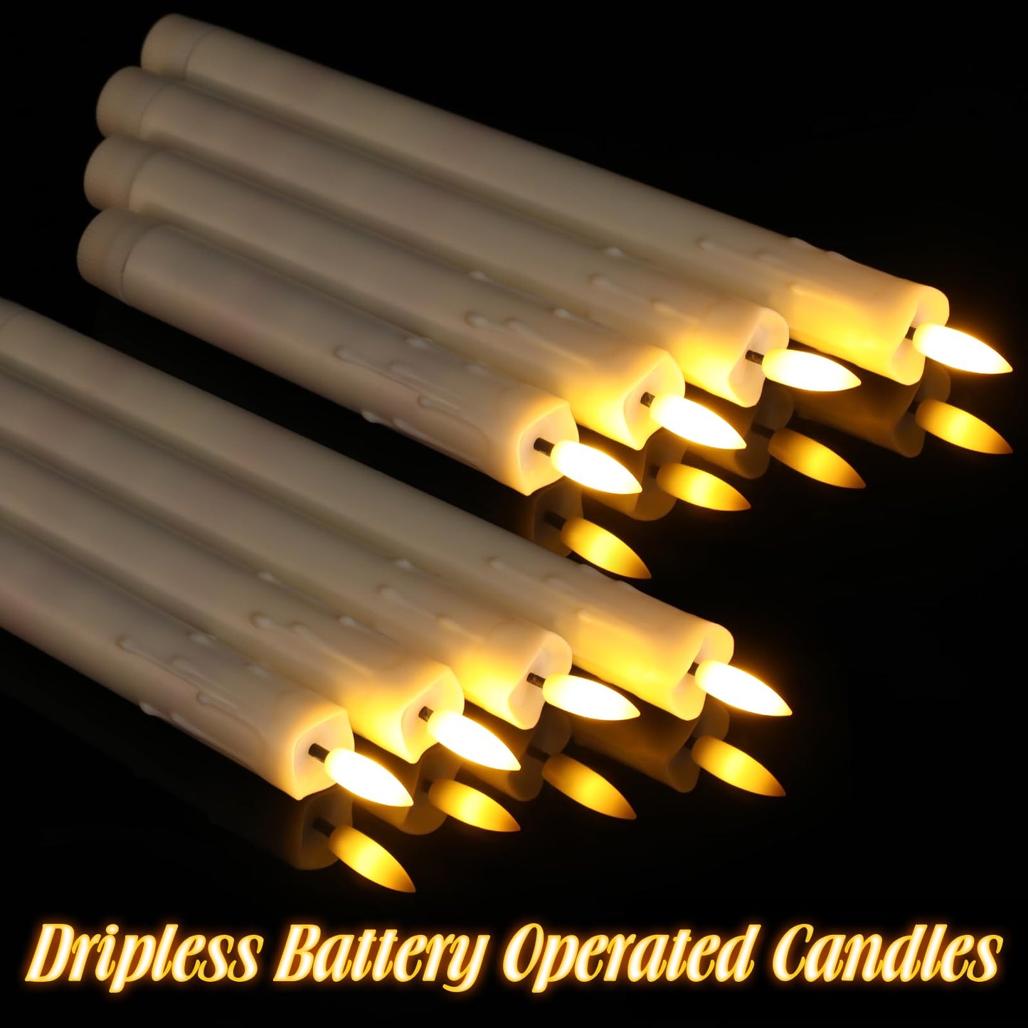Macarrie 24 Pcs Ivory Flameless Taper Candles LED Battery Operated 6.5'', 7.7'', 8.8'', 10'' 3D Flickering Flame Candlesticks Drip Wax Shaped Candle for Valentine Anniversary Wedding Party Decoration