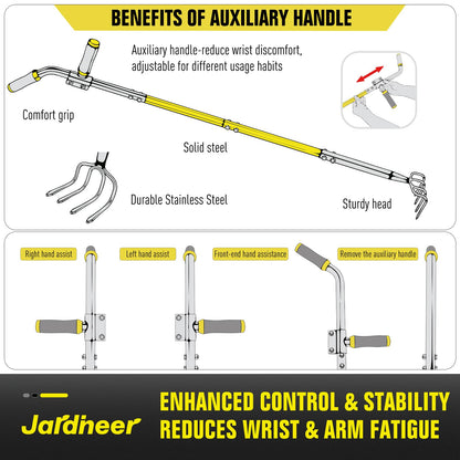 Jardineer 4-Tine Cultivator Rake with Auxiliary Handle, Garden Cultivator Long Handle, Hand Tiller Tool for Gardening Digging Loosening Weeding