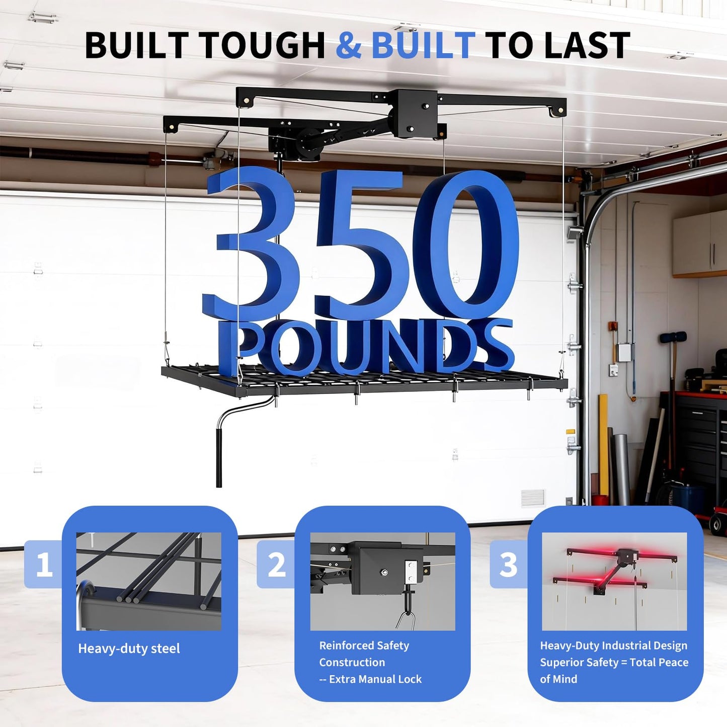 Garage Ceiling Storage Racks, Garage with the 4x4ft Overhead Lift Storage Rack, Experience Effortless Organization with 350lb Capacity, Smooth Crank System, Space-Saving Ceiling Rack Design