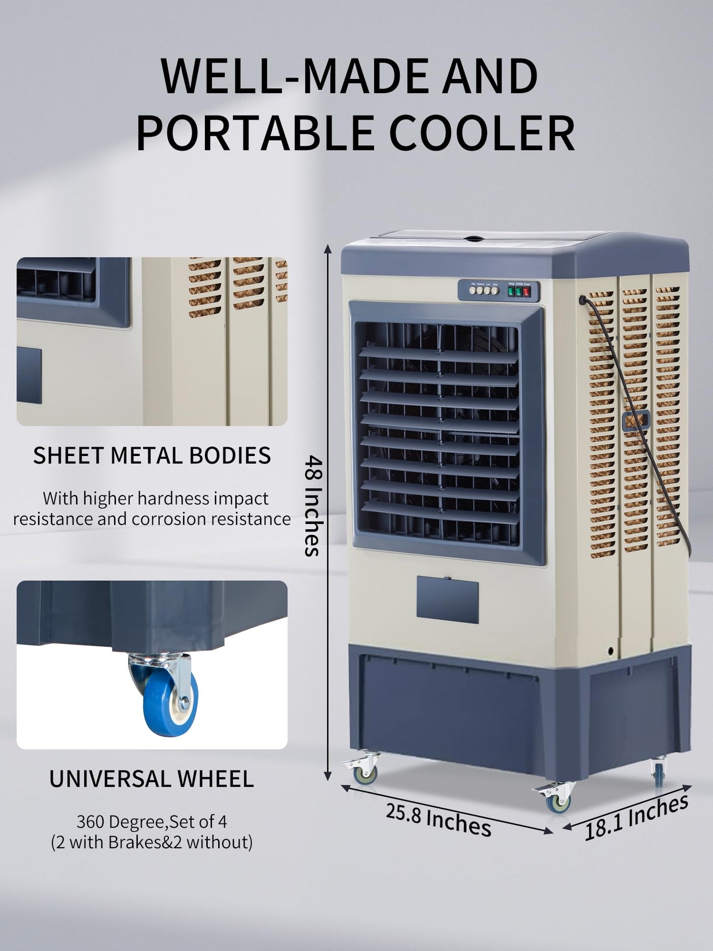 Uthfy 48" Swamp Cooler, 6500 CFM Evaporative Air Cooler with 19 Gallon Water Tank, Cooling Fan with 5 Ice Pack, 120° Oscillation, 3 Speed, Portable Outdoor Air Conditioner for Garage, Commercial Use