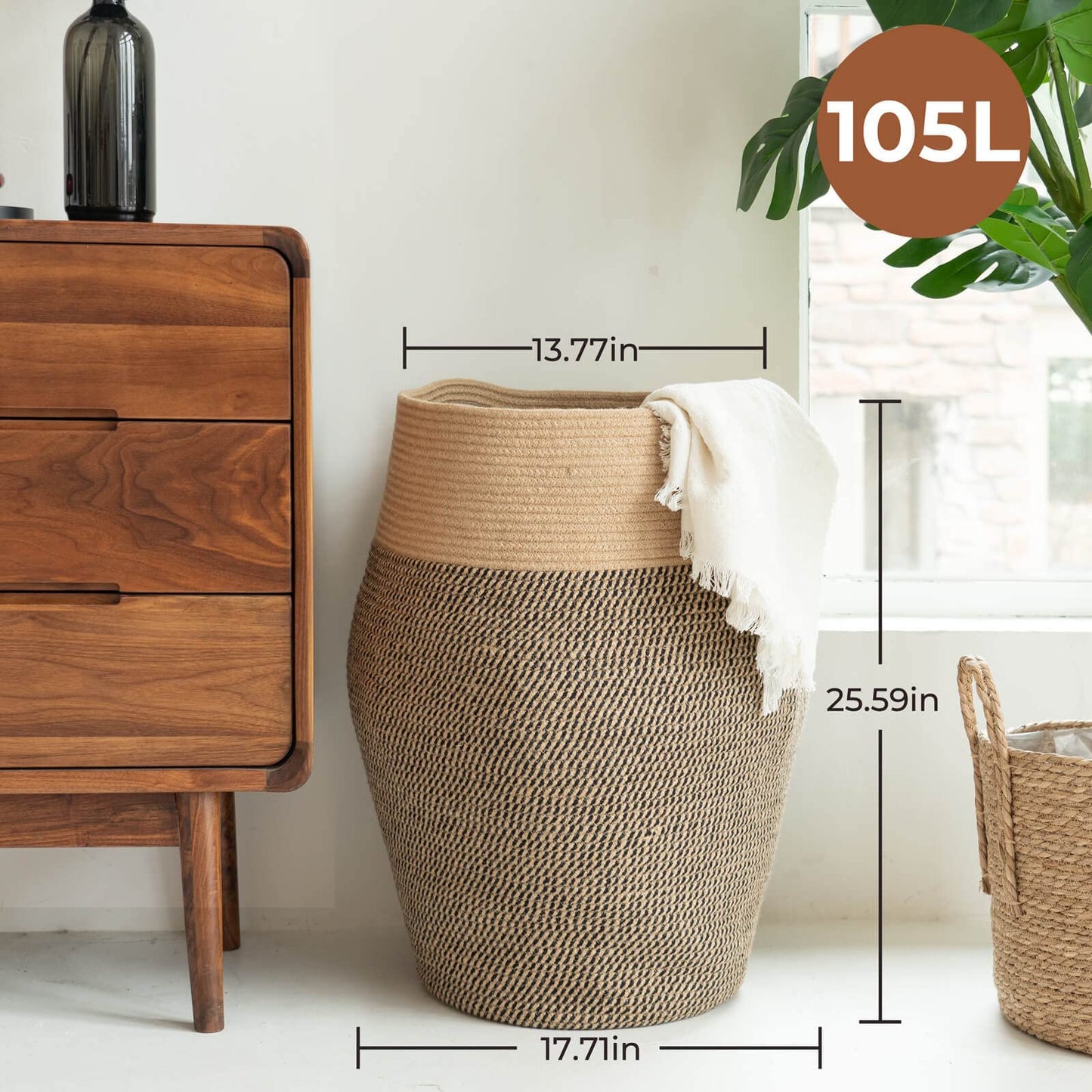 Goodpick 80L Jute Woven Rope Laundry Hamper - Collapsible Clothes Hamper for Bedroom and Laundry Room, 25.6" x 17.7" Tall Modern Baskets for organizing and décor Room