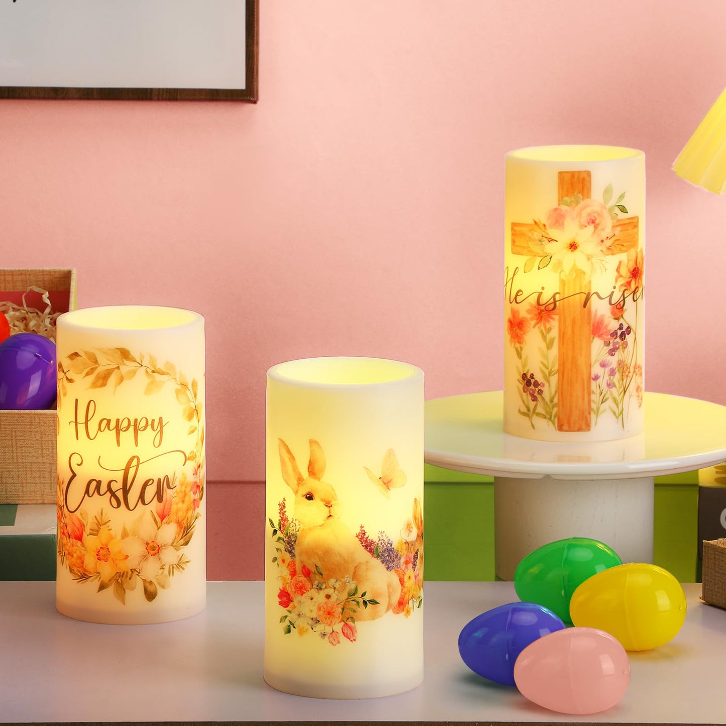 Retisee 3 Pcs Easter Flameless LED Candles Battery Operated Bunny Flower Spring Flickering Pillar Candles with Remote Rabbit Happy Easter Centerpiece for Bedroom Living Room Dinner Table Decoration