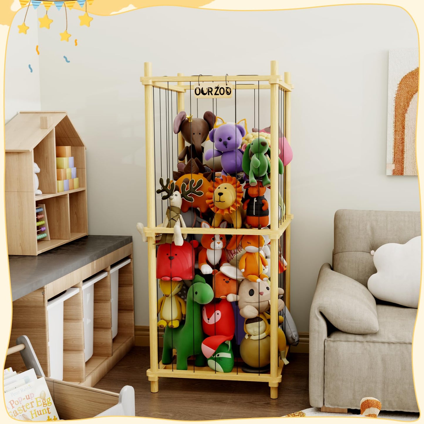 HAIDAIYA Stuffed Animal Zoo Storage Cage Wooden, Wood Extra Large Stuffed Animal Storage Basket, Toy Storage for Big Stuffed Animals, Large Toy Chest for Kids Girls Boys Toy Organizer Holder