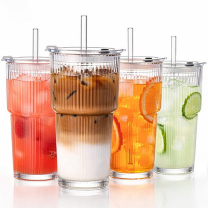 GOSCHE 20oz Glass Tumblers with Straws and Lids, Ribbed Iced Coffee Cups Leak-proof, Dishwasher Safe, Thickened Glass Cups with Lids Ideal for Coffee and Travel, Clear, 4 Pack
