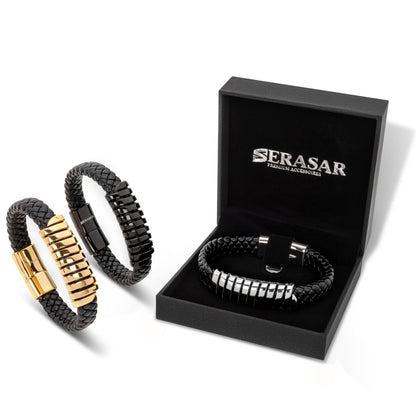 SERASAR Pulsera de cuero plateado 20cm para hombre idea regalo, genuino, caja cierre magnetico ajustable