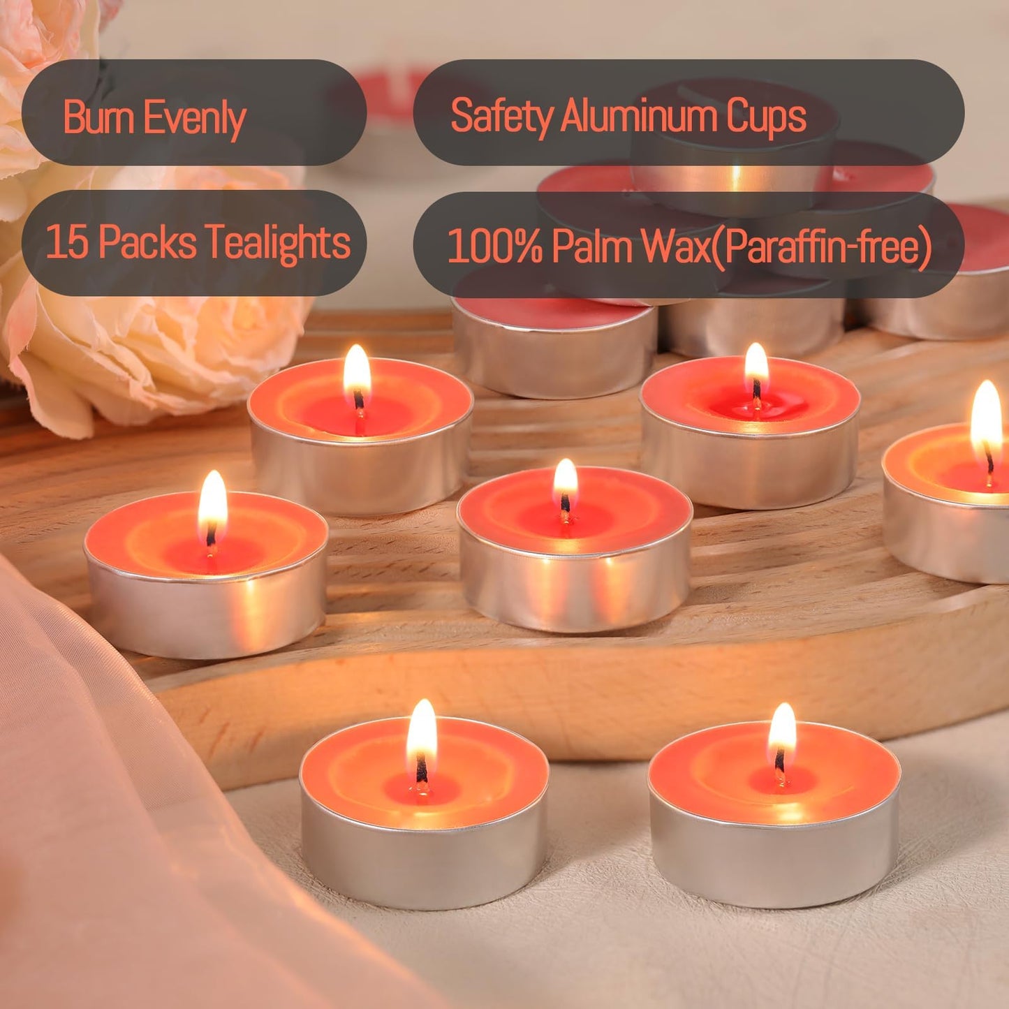 HAVITI 15 Pcs Apple Scented Tealight Candles, Red Tea Lights Candles, 4H Smokeless Palm Wax Tea Candle for Weddings,Christmas,Advent, Spa, Bath