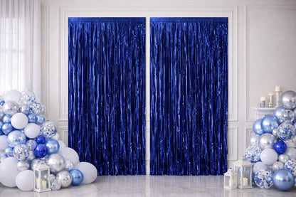 2 Pack Dark Blue Metallic Foil Fringe Curtain Backdrop Streamers 3.2ft x 6.4ft. Party Decoration for Birthday, Wedding, New Years Eve, Graduation, Baby Shower
