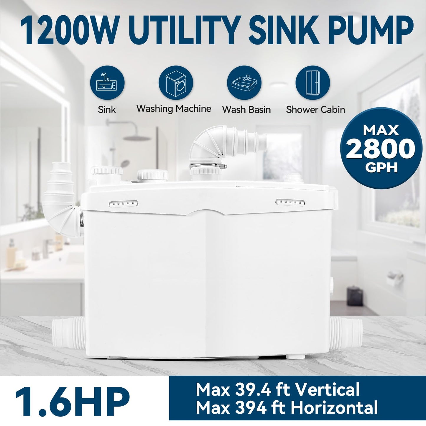 1200W Utility Sink Pump with Blade PCB Function Under Sink Pump Upflush to 39.4FT 2800GPH with 4 Water Inlets 2 Outlets Macerating Toilet System for Sink Shower Washing Machine Kitchen Basement