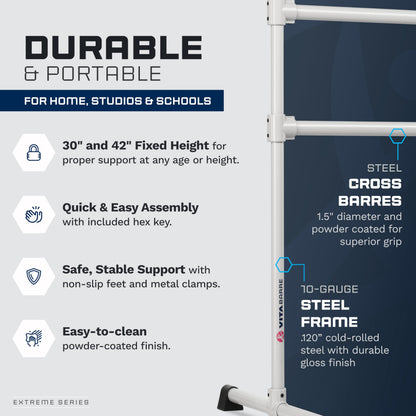 VITA Barre Portable Freestanding Double Ballet Barre, Extreme, 16 Ft Bars, Satin Silver, Steel | Fixed Height, Made in USA, Home or Gym Exercise Equipment for Kids & Adults | Dance, Fitness, Pilates