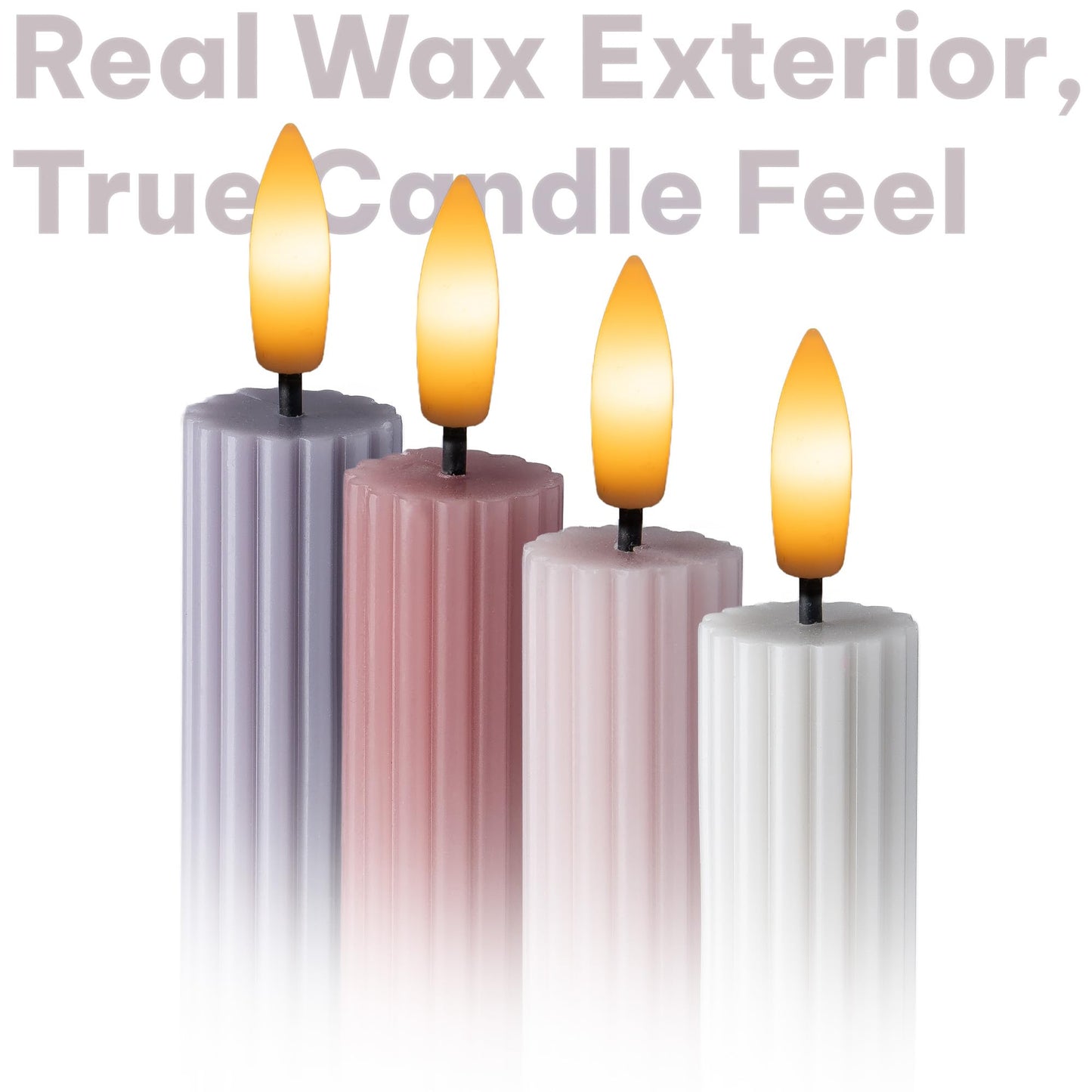 WYZworks Coordinated Dusty Mauve Pinkish Lilac 4 Pack, 10" Real Wax LED Flameless Fluted Ribbed Grooved Taper Candles, Remote & Timer Memory, On/Off Button, Dimmable, Battery Operated, Menorah Wedding