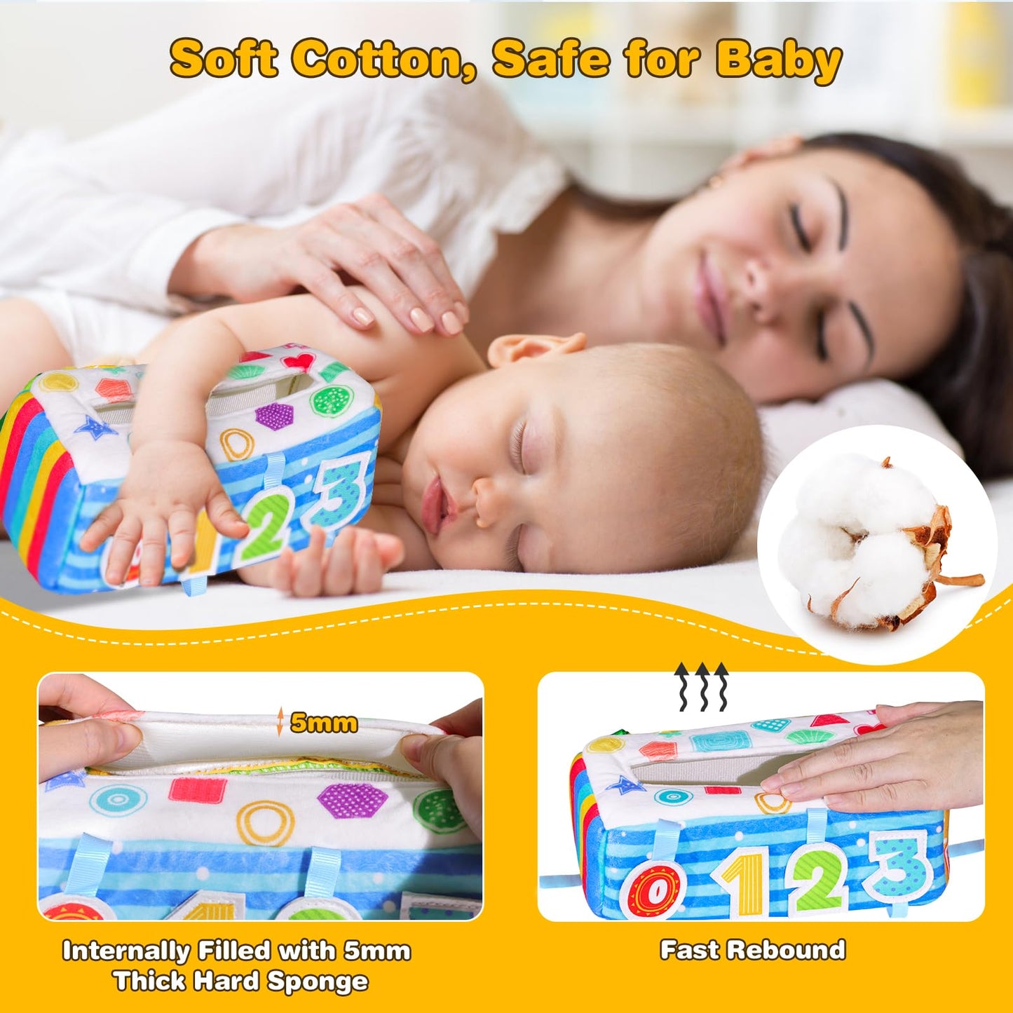 VPOJOY Baby Tissue Box Toy, Soft Montessori Tissue Box Baby Toys 6 to 12 Months, High Contrast Crinkle Paper Sensory Silk Scarves Toys for 1 Year Old Boys Girls Kids Early Learning Gifts