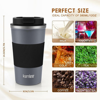 KETIEE Travel Coffee Mug Spill Proof 12oz, Insulated Reusable Coffee Cups with Seal Lid, Vacuum Stainless Steel Travel Mug to Go Car Tumbler for Hot/Iced Drinks (Grey)
