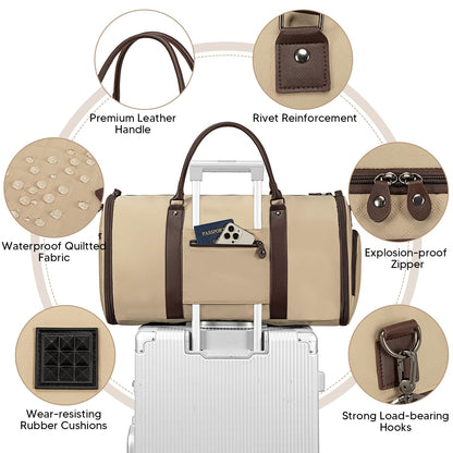 Vessgra 2 in 1 Duffle Bag, Carry On Duffle Bags for Women, 2 in 1 Suit Bag with Shoes Compartment 45L Garment Bag for Airplane Travel,Garment Bags with Shoulder Strap,(Khaki)