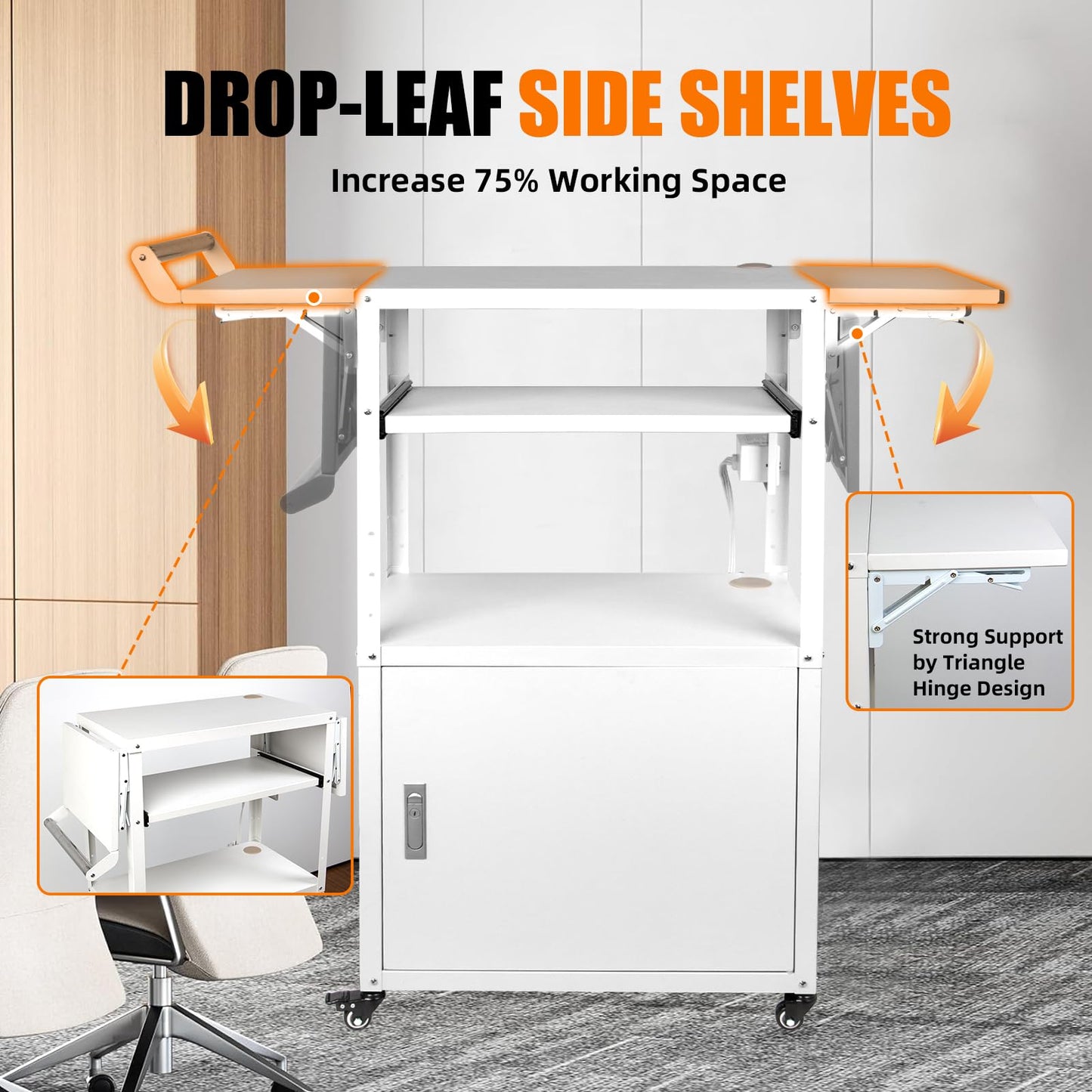 Large Steel AV Cart with Wheels and Drop Leaves, Height Adjustable AV Cart with Locking Cabinet and Power Strips, Rolling Computer Workstation with Pullout Keyboard Tray for Office & Classroom