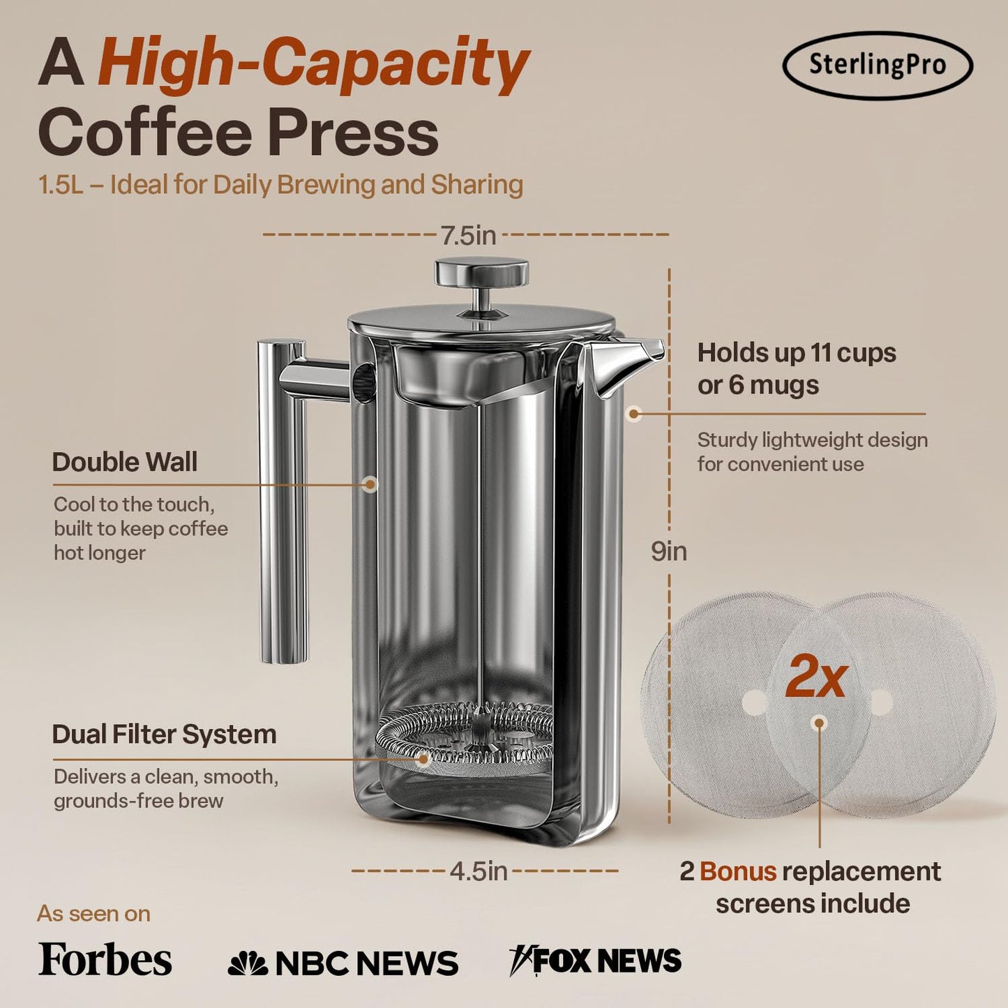 SterlingPro 1.5 L 51 oz Mirror Large French Press Coffee Maker and 2 Pack Replacement Screens Bundle Stainless Steel Double Wall Insulated for Tea and Coffee