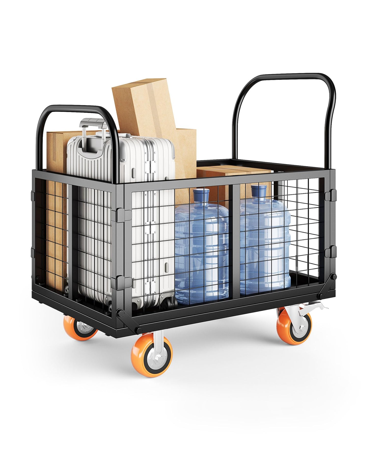 GarveeTech Platform Truck Cart with Cage, 6-in-1 Multi-Purpose Flatbed Cart, Foldable Hand Truck Load 1800 LBS with 4 Wheels Push Cart Dolly for Grocery, Laundry, Garage, Warehouse (Black)