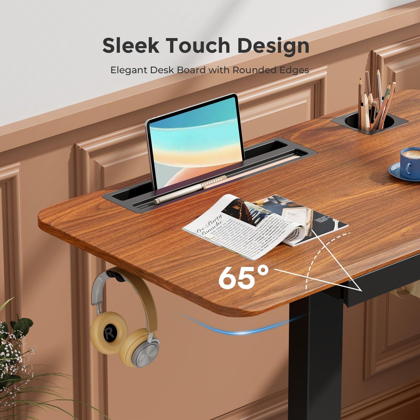 JYLH JOYSEEKER Mobile Standing Desk with Drawer, 28" Rolling Desk with Cup Holder and Hooks, Portable Laptop Workstation on Wheels, Height Adjustable Cart with Storage for Home Office, Dark Wood