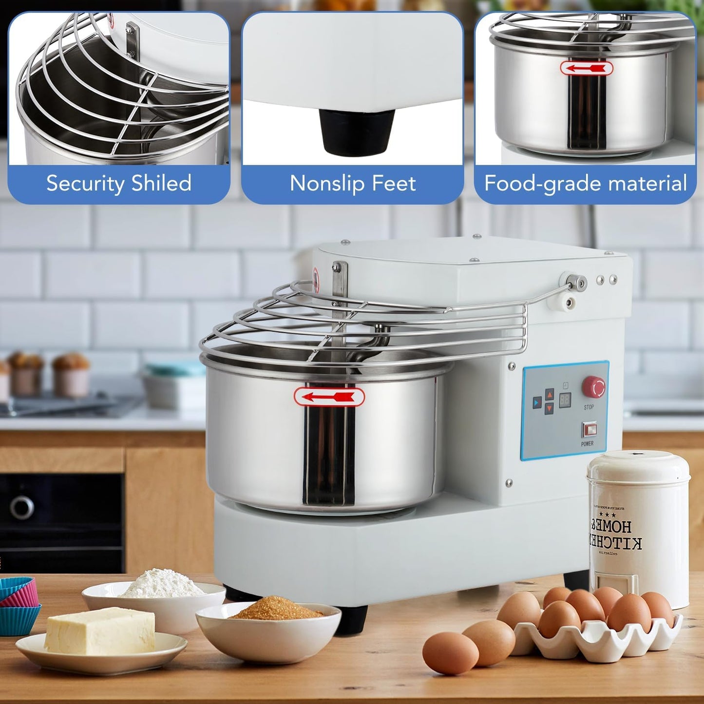 ExploreHorizon 10.5 Qt Commercial Food Mixer，110V 650W Dual-Rotation Dough Kneading Machine with Touchscreen Timer，Food-grade Stainless Steel Bowl & Safety Shield for Bakeries & Restaurants