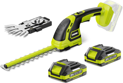 EWORK 21V Cordless Hedge Trimmer & Grass Shears 2-in-1 Handheld Electric Bush Trimmer, 2x2.0Ah Battery & Charger Included, Lightweight Shrub Trimmer for Garden Yard Lawn Patio Maintenance