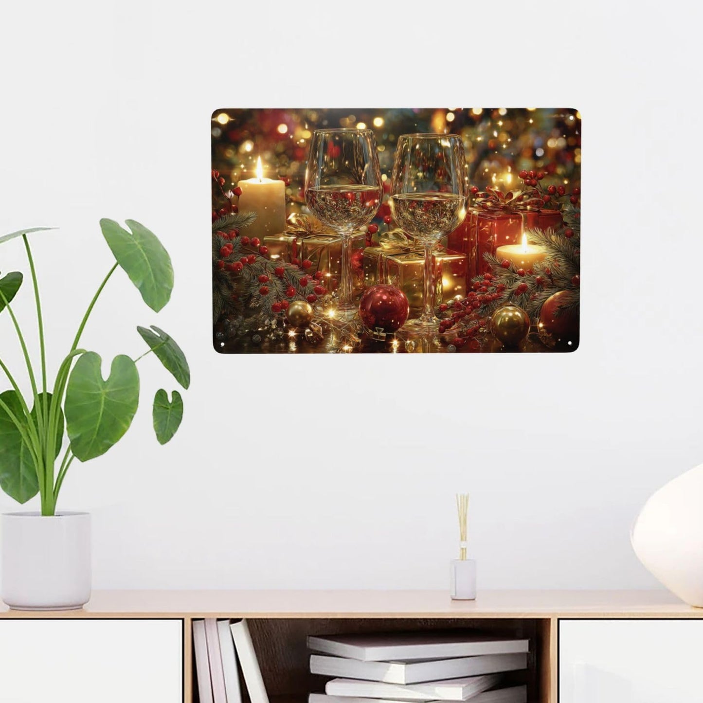 MA6GE8DE Festive Wine Glasses With Candles, Red Berries, Gold Gifts, Sparkling Bokeh, 6x8 Inch Metal Tin Plaque Sign, Ideal For Living Room And Kitchen Restaurant,Create A Festive Atmosphere