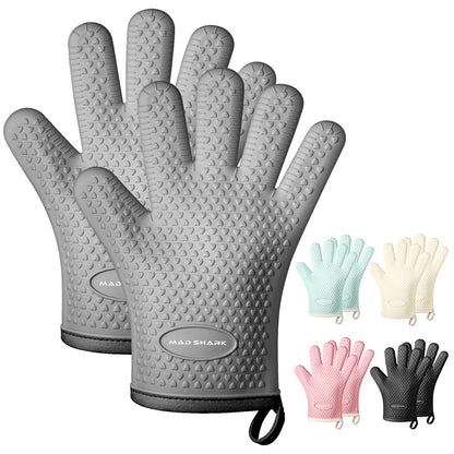 MAD SHARK Silicone Oven Mitts Heat Resistant 450 Degrees,Waterproof & Non-Slip Oven Gloves with Fingers,Cotton Lined Silicone Oven Gloves Kitchen Mitts for Baking Cooking Barbecue,Women,Oven (GREY1)