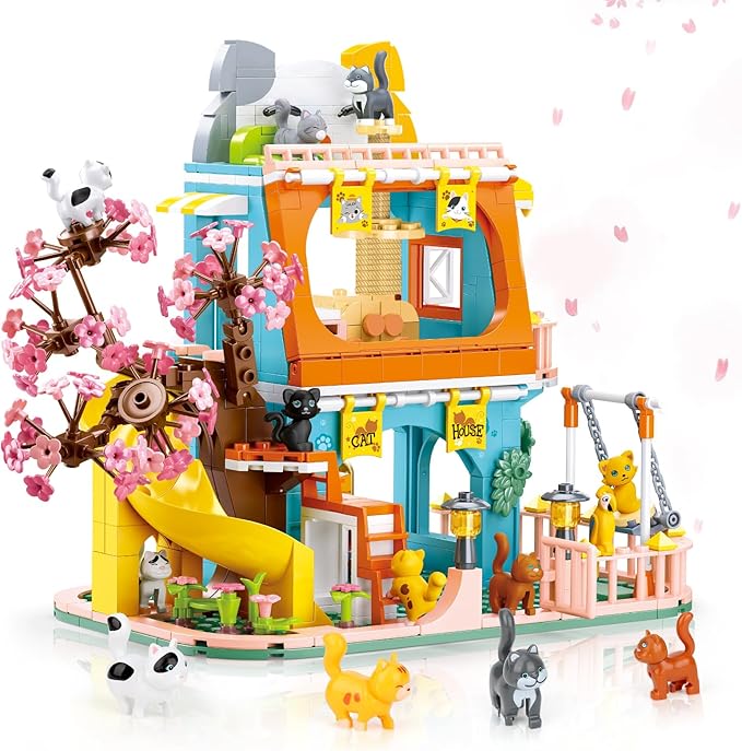 QLT QIAOLETONG Cute Cat House Toy Building Set for Adult Compatible with Lego Friend 521 PCS Friendship House Building Blocks Kit with Animals Ideas Birthday Gift for Teen Boys