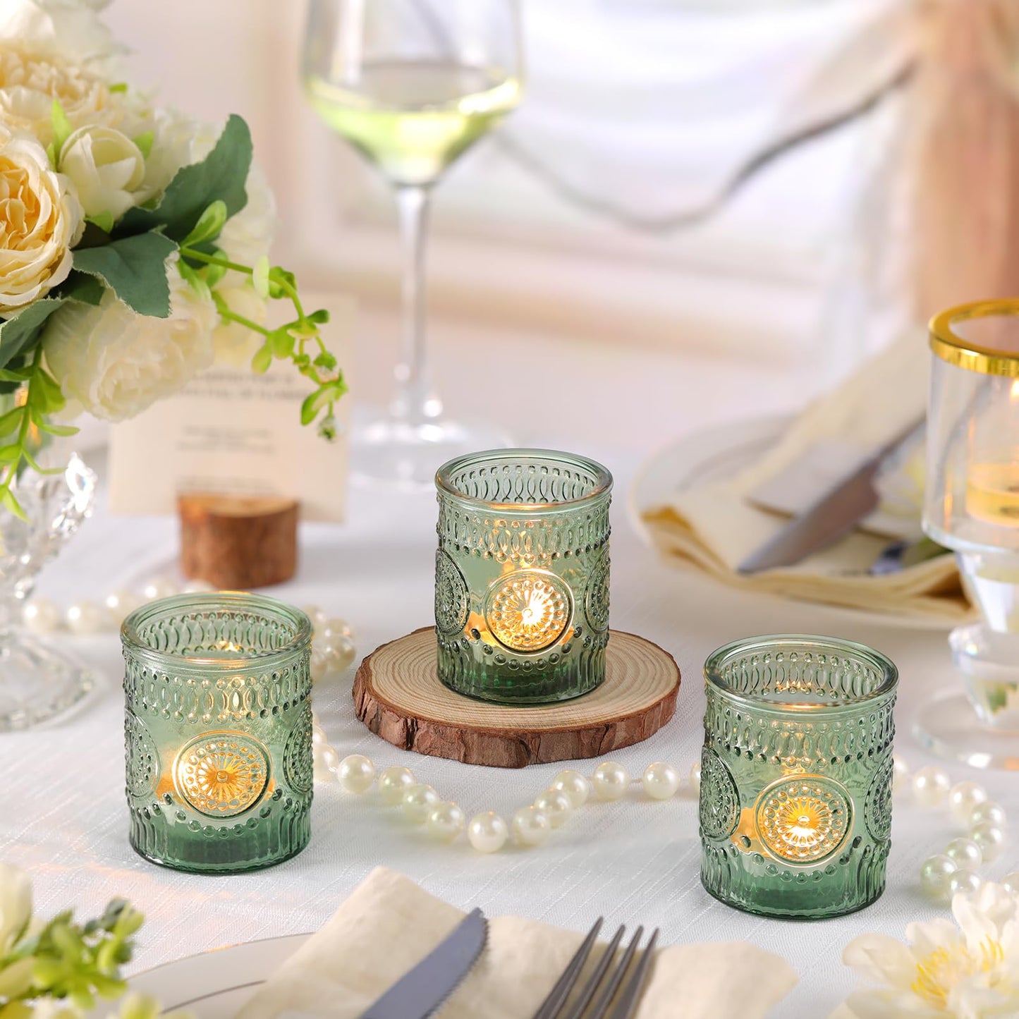 Lanttu 12pcs Green Votive Candle Holders，Glass Tea Lights Candle Holder Bulk for Birthday Parties, Weddings, Table Decorations, Candlelight Dinners