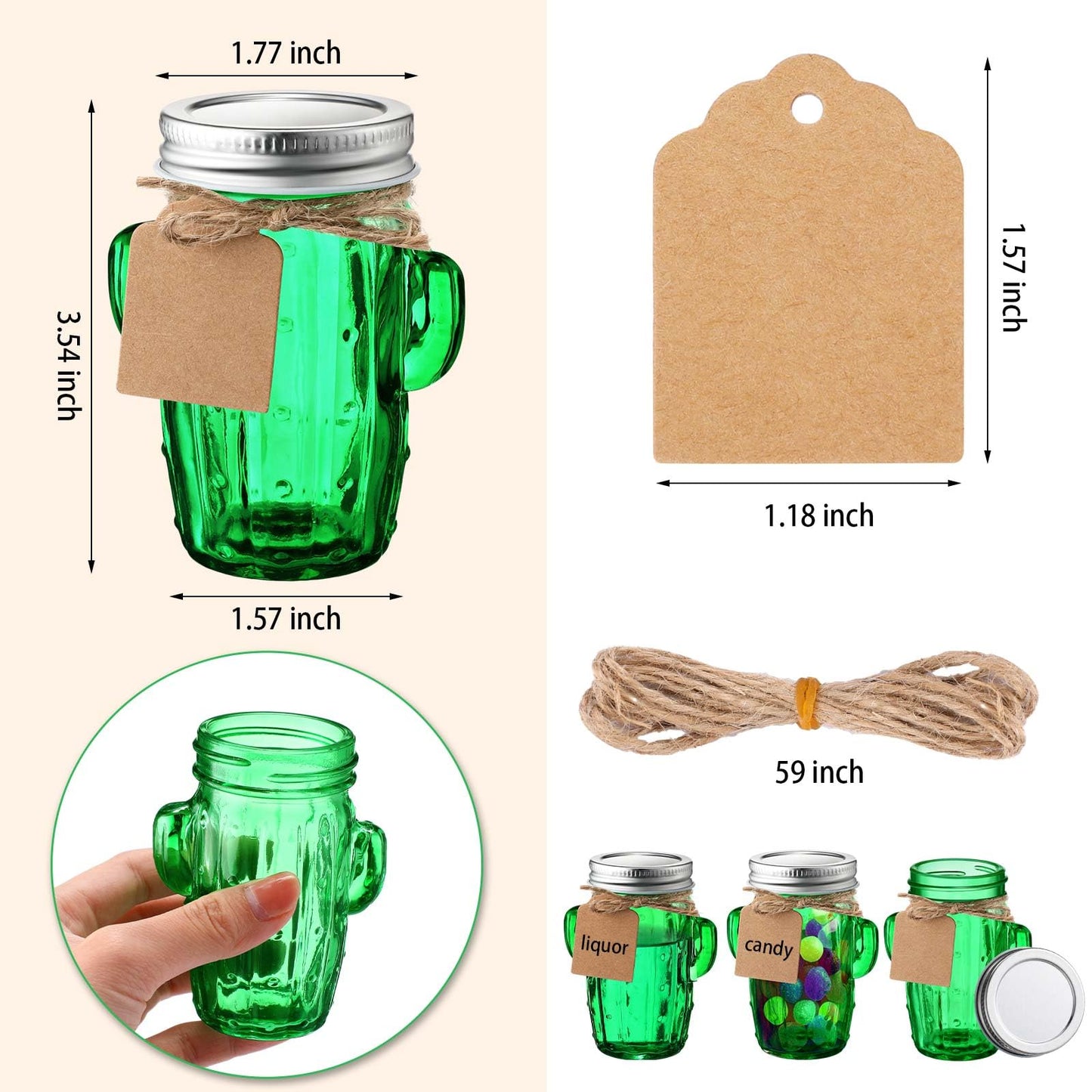 Maxcheck 24 Sets 3oz Cactus Mason Jars Shot Glasses with 24pcs Shot Glasses 24pcs Silver Lids 30pcs Straw, Glass Cactus Decor Favor Jars for Weddings, Decoration Parties DIY Drink Dessert Candle Craft