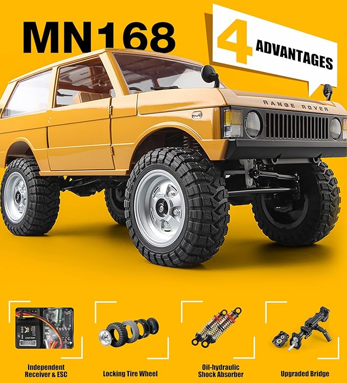 MN-168 1/12 RC Crawler Ranger Rover 1970 RC Truck 4x4 Off Road Car 2.4GHz RC Rock Climber Vehicles with 7.4V 1200mAh Battery RTR for Adults (Yellow)