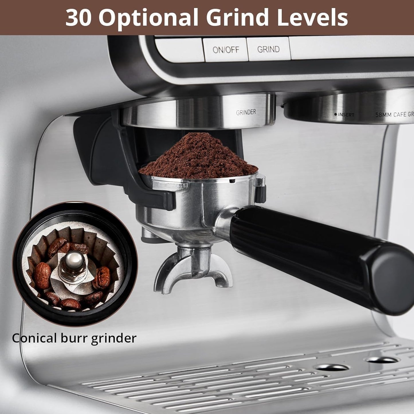 Takywep Semi-Automatic Espresso Machine - 1450W/20 Bar, 30 Grinder Settings, Fast Heating, Milk Frother Steam Wand, Home & Hotel Use, Silver