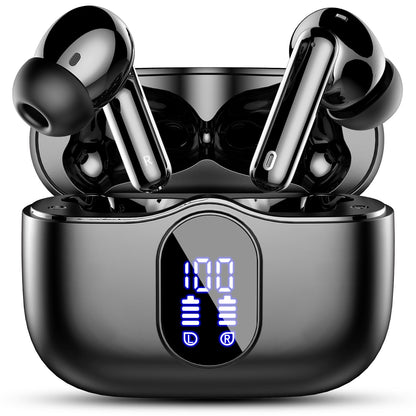 Wireless Earbuds, Bluetooth 5.4 Headphones Bass Stereo, Ear Buds with Noise Cancelling Mic, LED Display in Ear Earphones Clear Calls, IP7 Waterproof Bluetooth Earbuds for Phones/Sports/Laptop, Black