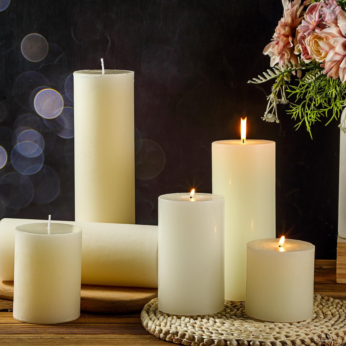 Shihanee 12 Pcs Pillar Candles 3 in x 3,4,5,6,8,10 Dripless Unscented Smokeless Candle Long Burning Decorative Rustic Candles with Cotton Wick for Wedding Home Fireplace (Ivory White)