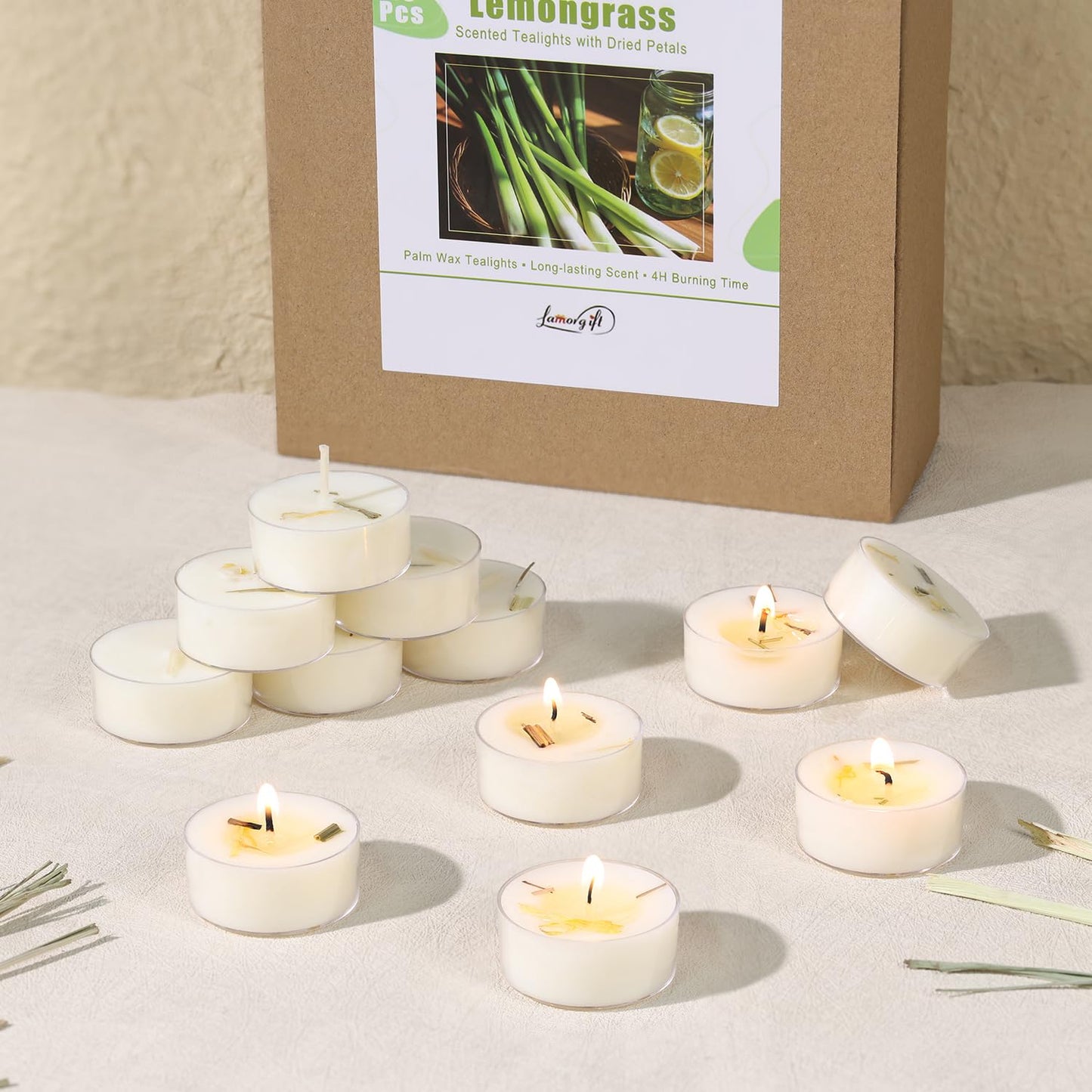 Citronella Tea Light Candles Outdoor, 48 Pack- Extended 4-5h Clear Cup Scented Tealight Candles with Handmade Floral Surface, 100% Natural Palm Wax Tealights Smokeless for Patio, Summer, Indoor