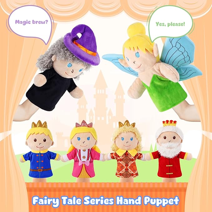 6 Pcs Castle Hand Puppets Fairy Tales Queen &amp King Princess &amp Prince Elf &amp Witch Plush Toys Role-Play Toy Puppets for Kids Storytelling Imaginative Pretend Play Teaching Preschool(6 Cart