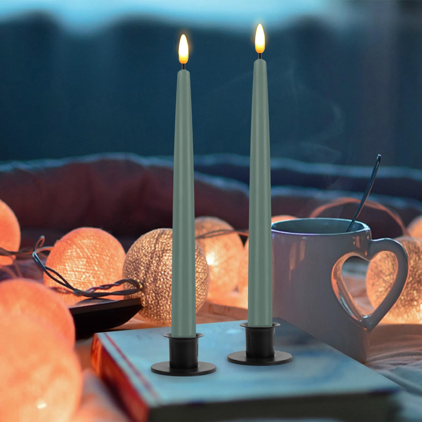 CVHOMEDECO. Flameless Taper Candles with 10-Key Remote, Battery Operated Led Flickering 3D Wick Window Candles Real Wax Finished Home Christmas Party Decor 0.78 x 11 Inch, Pack of 2, Grey Green