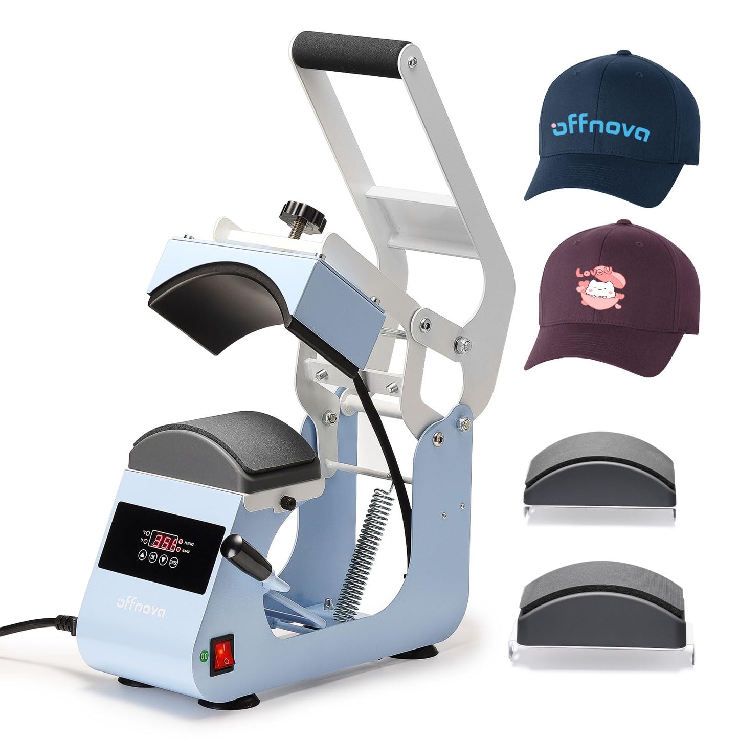 OFFNOVA Hat Heat Press Machine for Caps with 2 Interchangeable Platens, Temp & Time Control with Auto Countdown, Efficient Heat Transfer for HTV Iron On and Sublimation Projects (Handle-Blue)