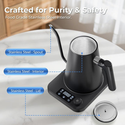 AGORVIO Gooseneck Electric Kettle, ±1°F Temperature Control, Smart Altitude Adaptation, 24H Keep Warm, 30-Min Auto Memory, Food Grade Stainless Steel, Pour Over Kettle for Coffee and Tea, 1200W/1.0L