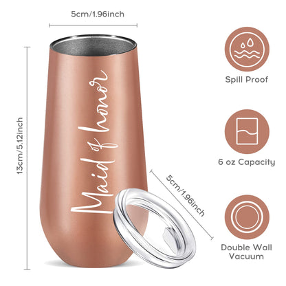 Ugiftcorner Maid of Honor Gifts Bridesmaid Cup for Wedding Champagne Flute Bachelorette Proposal Gifts for Bridesmaid Stainless Steel Tumbler with Lid Rose Gold 6 oz