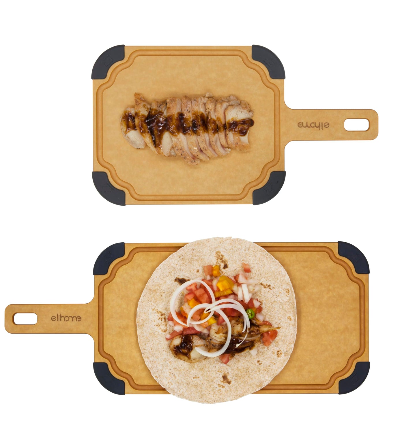Elihome Paddle Series 2-in-1 Cutting & Serving Board Set with handle, Juice Groove, Dishwasher Safe, Non-slip Feet, Reversible, Wood Fiber Composite, Eco-Friendly, Non-Porous,BPA Free, 2pcs set