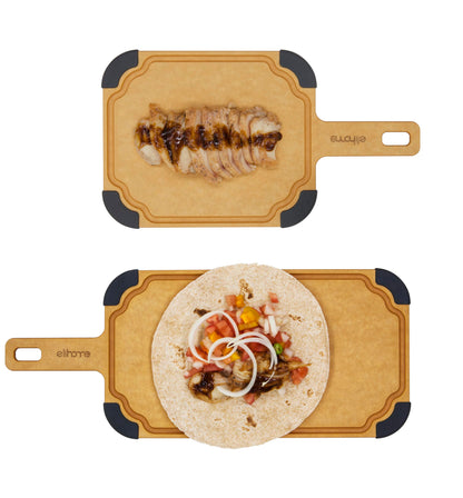 Elihome Paddle Series 2-in-1 Cutting & Serving Board Set with handle, Juice Groove, Dishwasher Safe, Non-slip Feet, Reversible, Wood Fiber Composite, Eco-Friendly, Non-Porous,BPA Free, 2pcs set