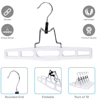 Quality Hangers 10 Pack Premium Skirt Hangers - Thin Space Saving Pant Hangers Set with Clamp, Shorts Hangers with Heavy Duty Locking Clasp, Multipurpose Jean Hangers Set - White