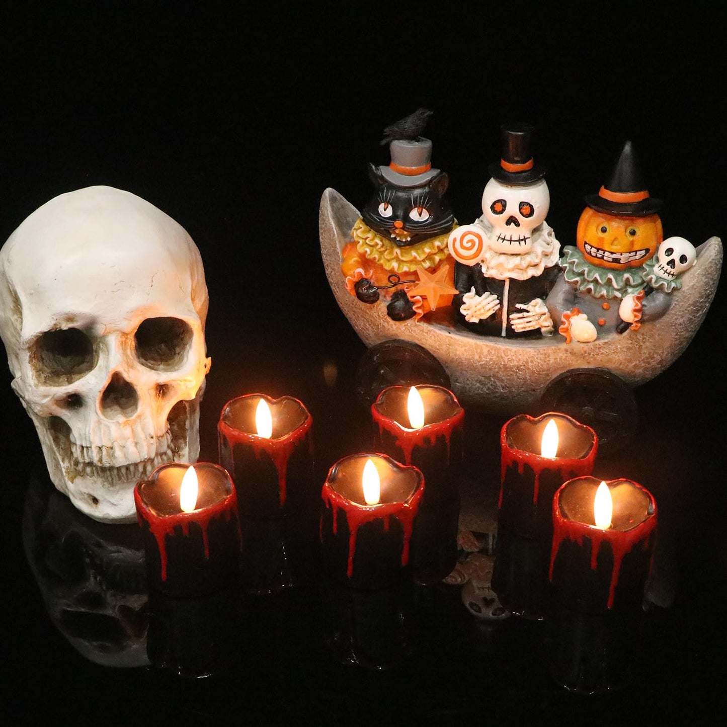 KunSwenn Halloween Black Votive Candles Battery Operated with Long Lasting CR2450 Batteries, LED Flameless Flickering Candles with 6H Timer, 6Pcs Black and Red Drip Wax Candle Gothic Home Decor