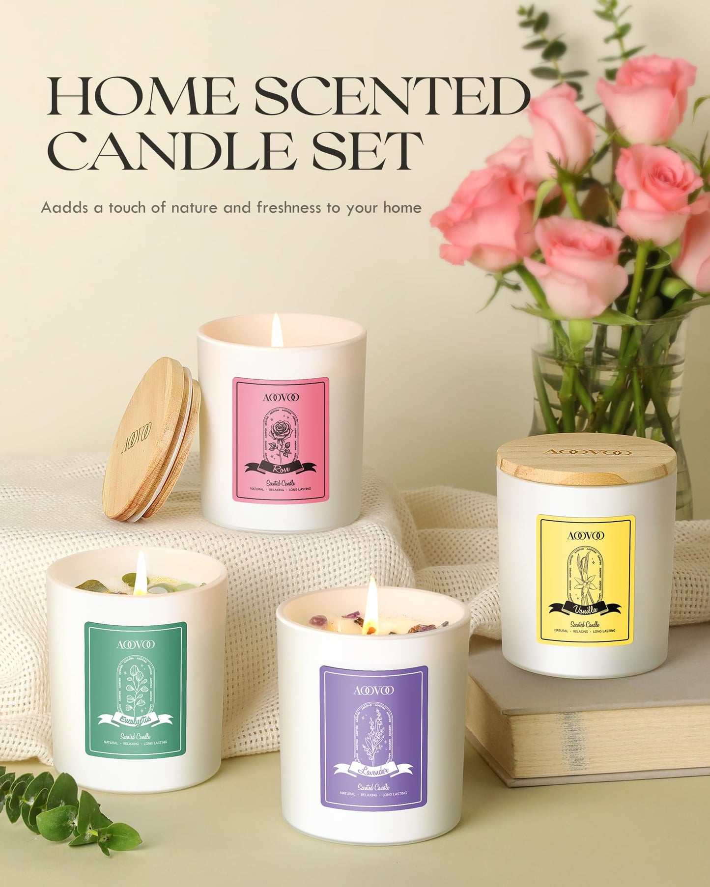 AOOVOO Rose/Vanilla/Eucalyptus/Lavender Scented Candles for Women - Aromatherapy Candle with Crystals Inside, 40oz Soy Candles for Home Scented, Birthday Gifts Mothers Day Candle for Women Mom
