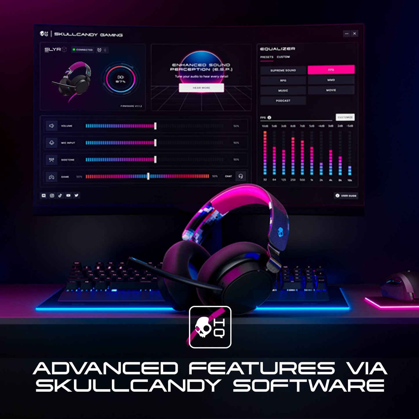 Skullcandy SLYR Pro Multi-Platform Over-Ear Wired Gaming Headset, Enhanced Sound Perception, AI Microphone, Works with Xbox Playstation and PC - Blue