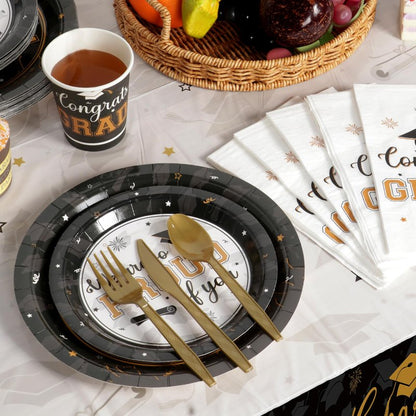 Graduation Party Supplies Congrats Grad Plates and Napkins Set Disposable Tableware Paper Plates Napkins Cup Knive Spoon Fork Straw for Class of 2026 Graduation Party Decorations Serve 100(Black Gold)