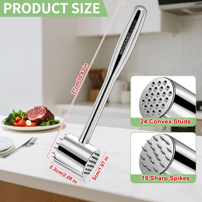 2-in-1 Real 316L Stainless Steel Meat Tenderizer Mallet Hammer, Professional Meat Pounder with 19 Sharp Needle Spikes, Dual-Sided Heavy Duty 1.09lb Versatile Kitchen Tool,Solid & Dishwasher Safe