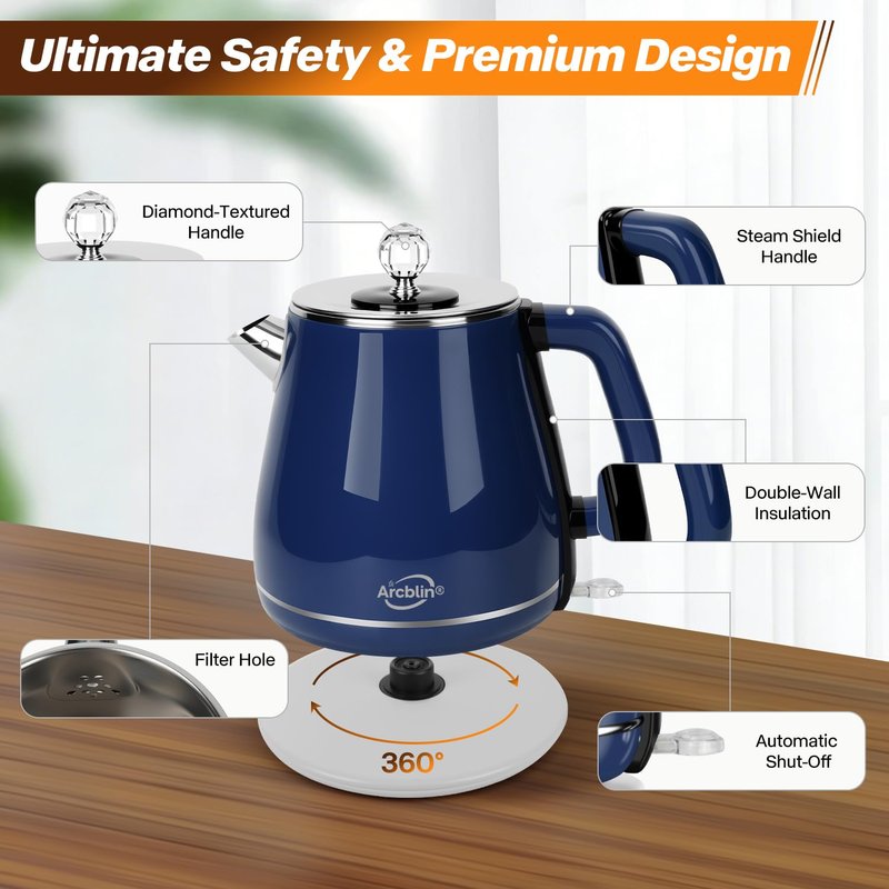 Vintage Electric Kettle 1.8L, All Stainless Steel Hot Water Electric Kettle for Boiling Water, BPA Free Tea Kettle, 1350W Fast Boil, Auto Shut Off & Boil-Dry Protection