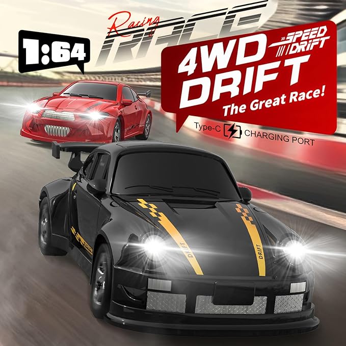 Desktop Mini Size 1:64 Scale 4WD RC Drift Car with Skill-Building Drift Control &amp LED Lights – Learn Drift Techniques Fast Charge Adjustable Throttle 2.4GHz Remote – Red